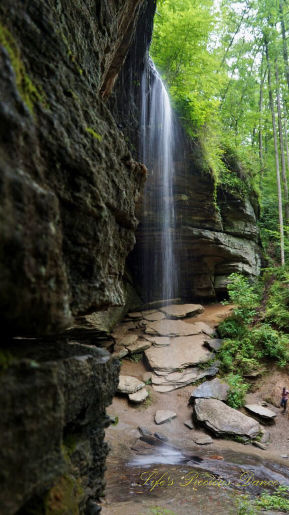 Side view of Moore Cove Falls spilling over the rock ledge into a mountain stream below.