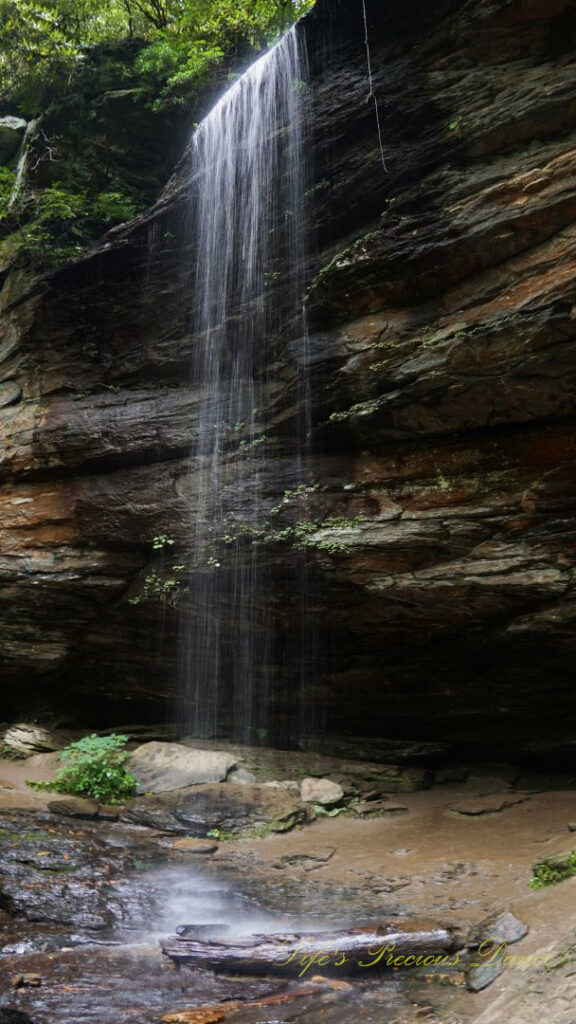 Moore Cove Falls spilling over the rock ledge into a pool of water below.