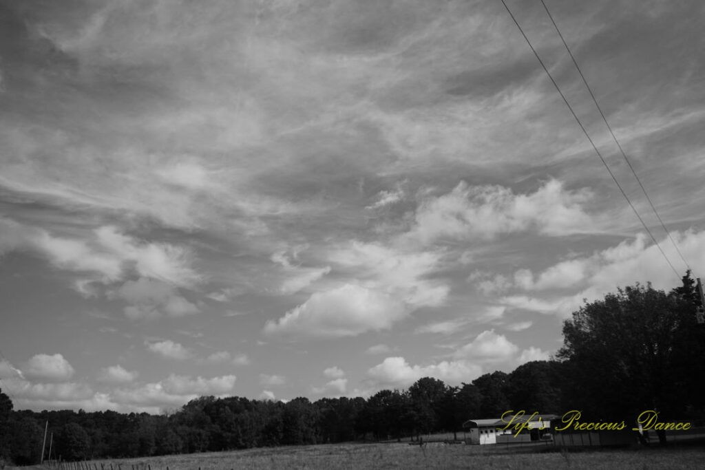 Black and white of passing clouds over a pasture. Two small out buildings to the right.