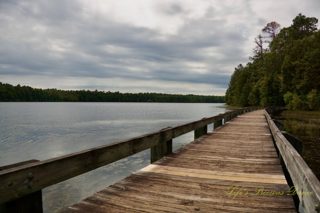 A boardwalk running along the right side of Lake Juniper. The sun trying to peek through cloudy skies.