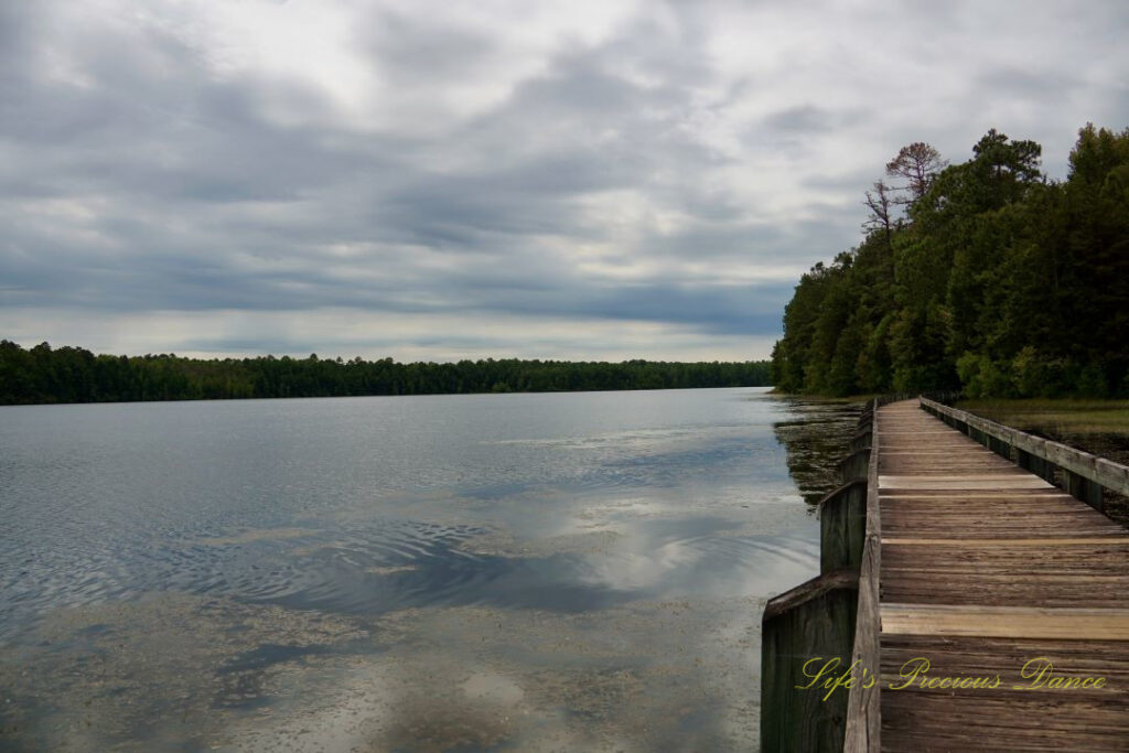 boardwalk running along the right side of Lake Juniper. Cloudy skies reflecting on the water&#039;s surface.