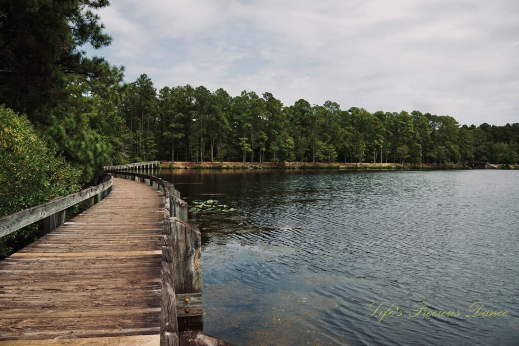 A boardwalk runs along the left side of Lake Juniper, curving to a trail in the background. Cloudy skies overhead.