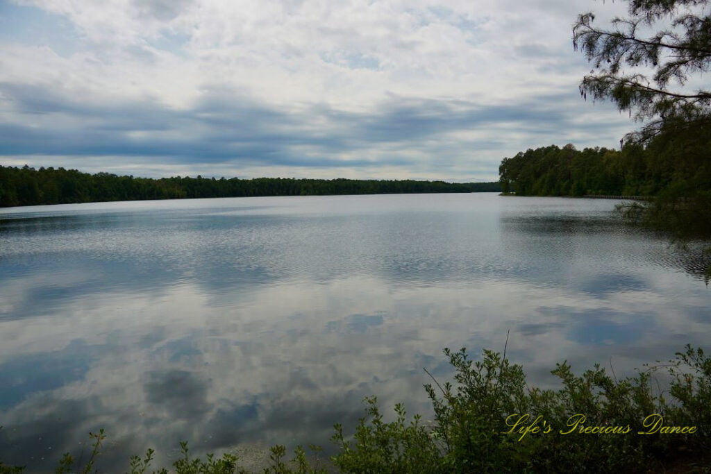 Landscape view of Lake Juniper. A mix of clouds and blue skies reflecting on the water.