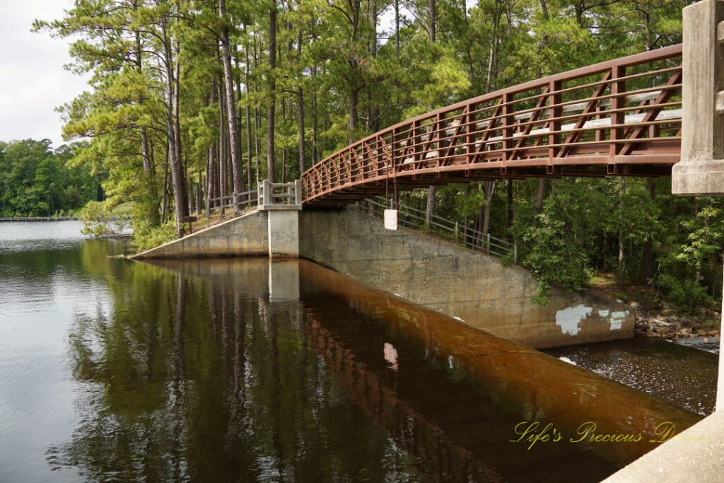 Frontside of a walking bridge leading over the spillway at Lake Juniper. Trees reflecting on the water&#039;s surface.