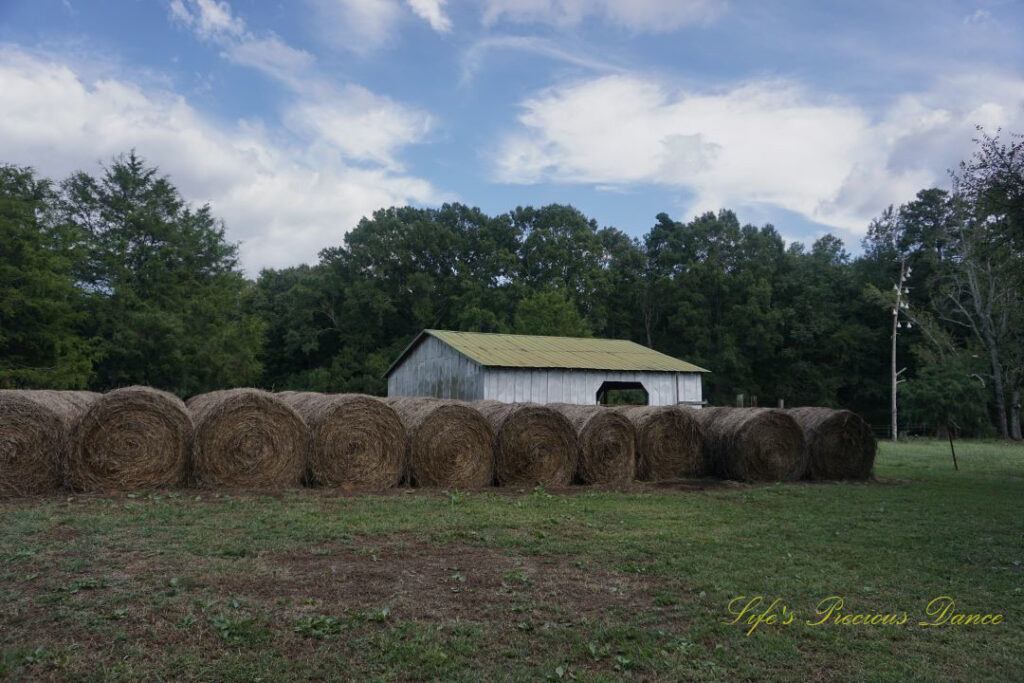 Rows of hay bales with a barn behind them. Passing clouds overhead.