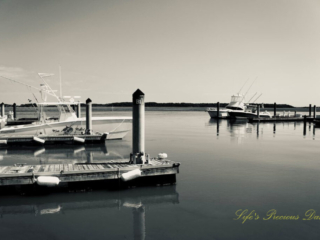 Black and white of fishing boats along docks, reflecting on the water, at The Marina at Edisto Island.