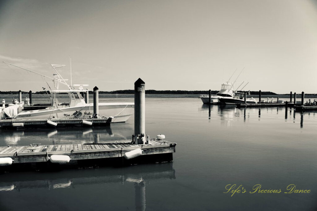 Black and white of fishing boats along docks, reflecting on the water, at The Marina at Edisto Island.