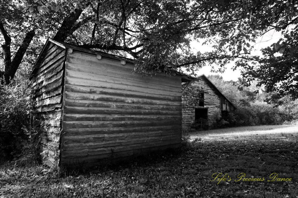 Black and white side view of an out building at a farm. A barn in the background.