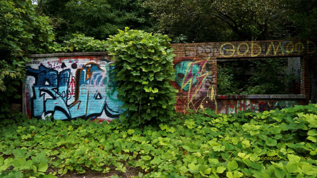 Graffiti covered abandoned building, overrun with vines.