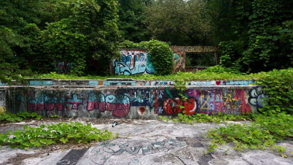 View for the abandoned pool at Springs Recreation Park. Looking backwards at a graffiti covered wall and building.