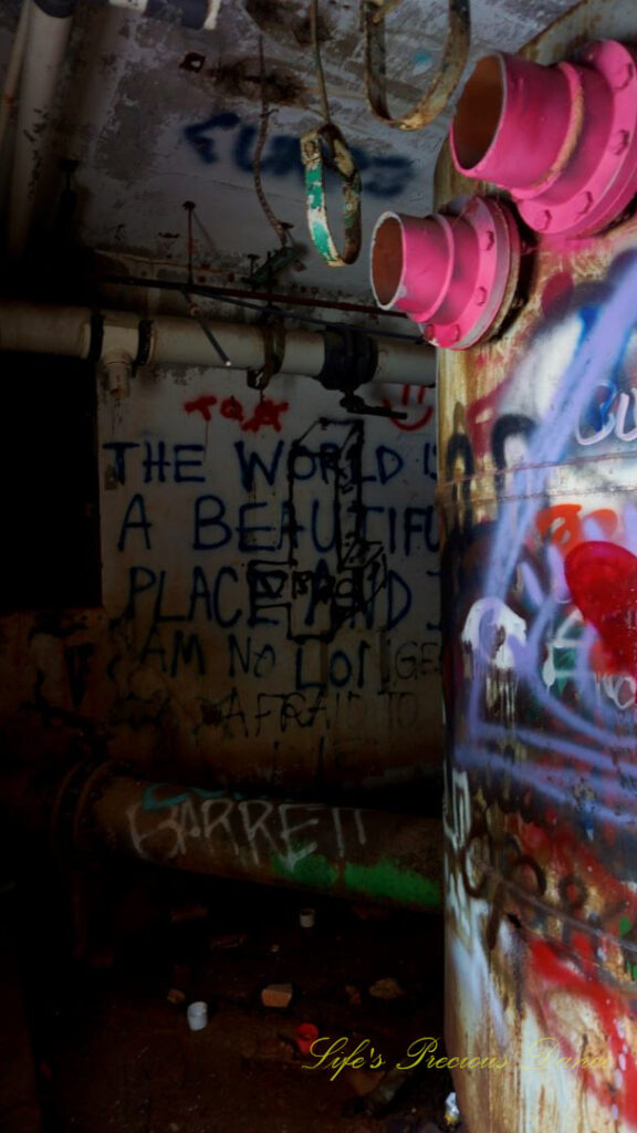 View of the graffiti covered pump room, located below the water level at abandoned Springs pool.