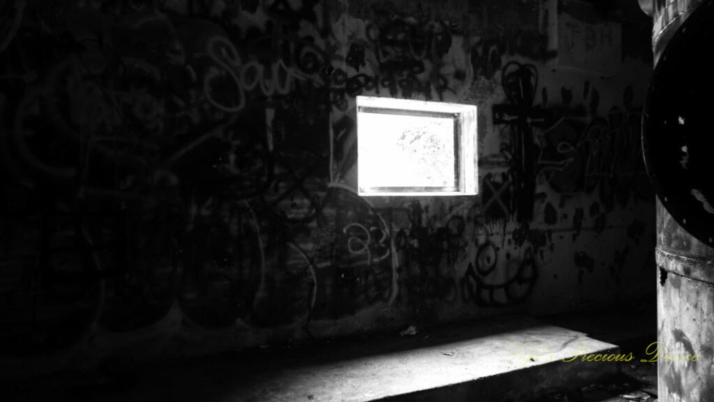 Black and white view of a window on a graffiti covered wall in the abandoned pump room at Springs pool.