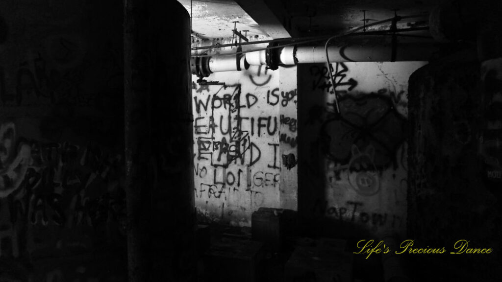 Black and white view of the graffiti covered pump room, located below the water level at abandoned Springs pool.