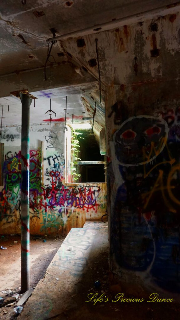 View of the graffiti covered pump room, located below the water level at abandoned Springs pool.