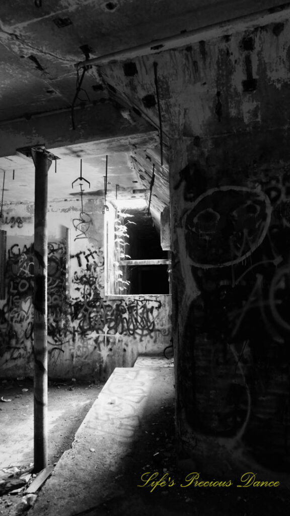 Black and white view of the graffiti covered pump room, located below the water level at abandoned Springs pool.