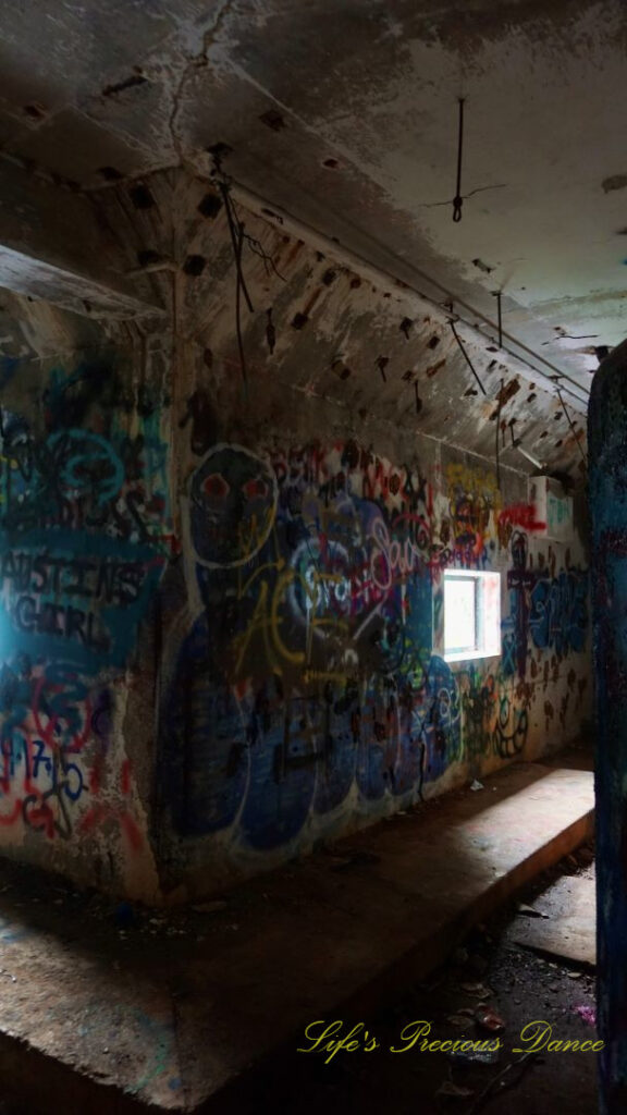 The graffiti covered pump room, located below the water level at abandoned Springs pool. A viewing window in the middle of the wall.