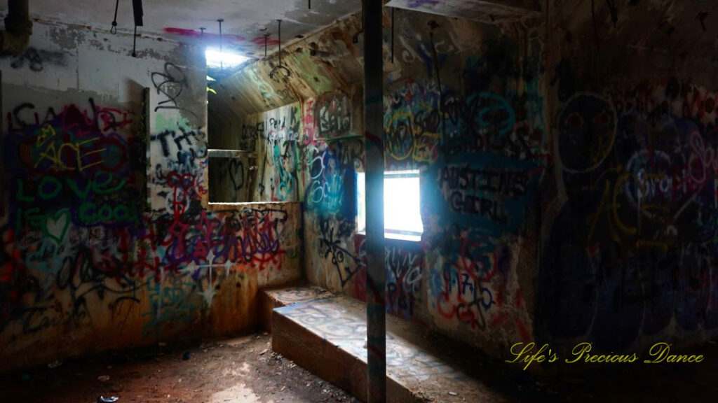 The graffiti covered pump room, located below the water level at abandoned Springs pool. A viewing window on a back wall.