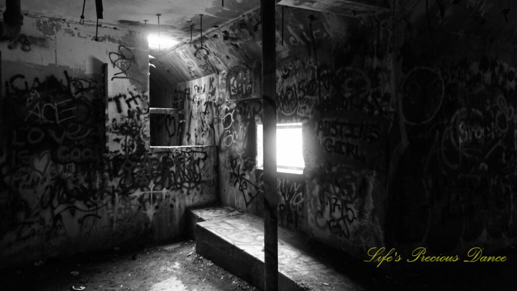 Black and white of the graffiti covered pump room, located below the water level at abandoned Springs pool. A viewing window on a back wall.