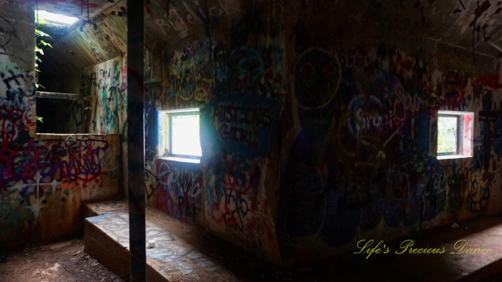 The graffiti covered pump room, located below the water level at abandoned Springs pool. Two viewing windows on a back wall.