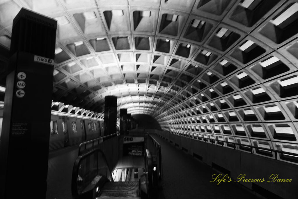 Black and white looking down the center of DC Metro station. An escalator in the middle of the scene.