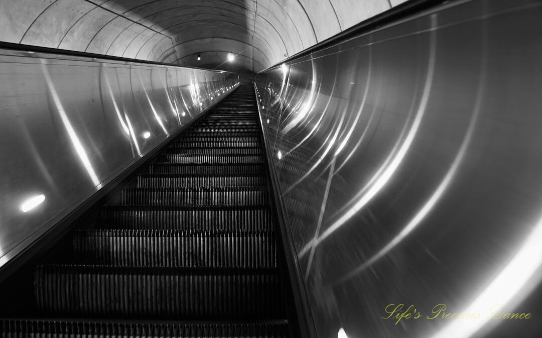 Black and white ground level view, looking upward at a extremely long escalator rising