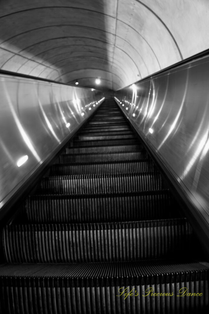 Black and white ground level view, looking upward at a extremely long escalator rising