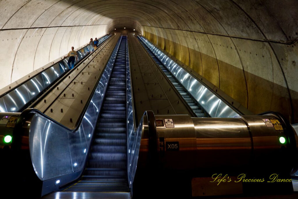 Ground level view, looking upward at a extremely long escalator rising in the DC Metro station.