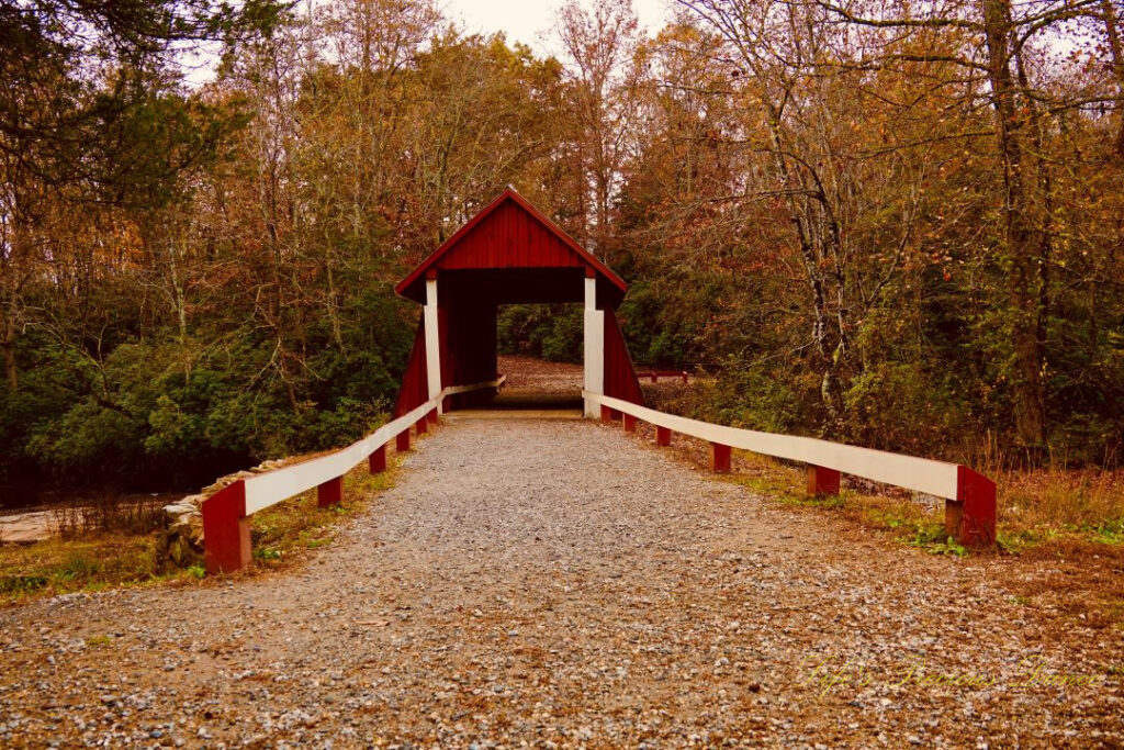 Front view of Campbell&#039;s Covered Bridge. Colorful trees in the background.