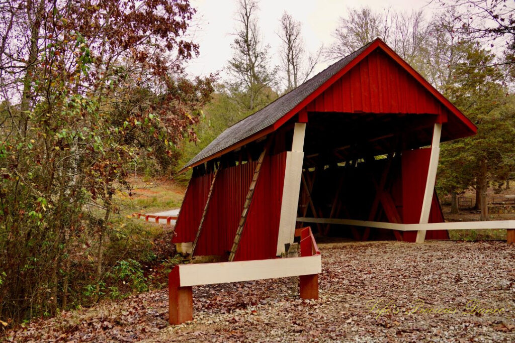 View of the backside entrance of Campbell&#039;s Covered Bridge.