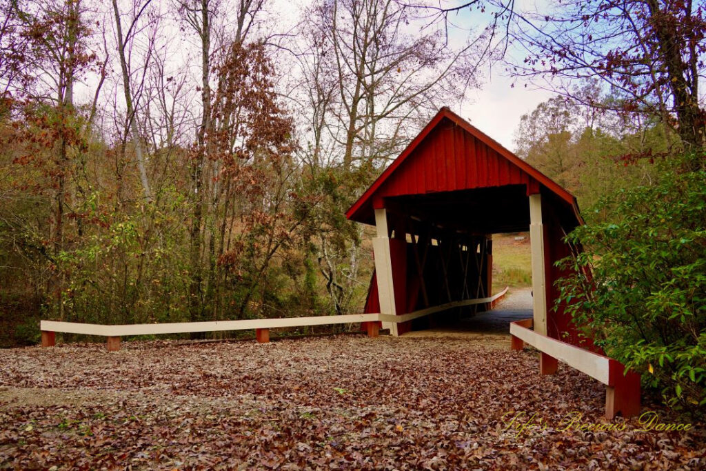 Ground level view of the backside entrance of Campbell&#039;s Covered Bridge.