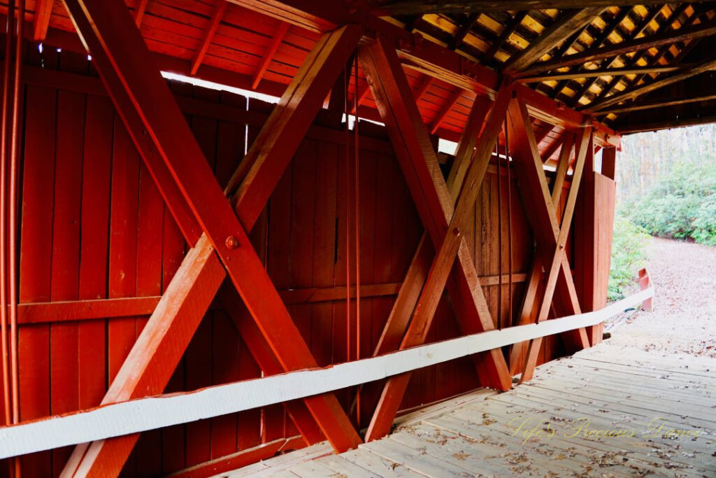 Close up of an inside wall of Campbell&#039;s Covered Bridge.