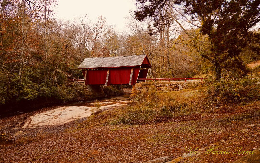 Distant view of Campbell's Covered Bridge spanning the creek. Surrounded by colorful trees.