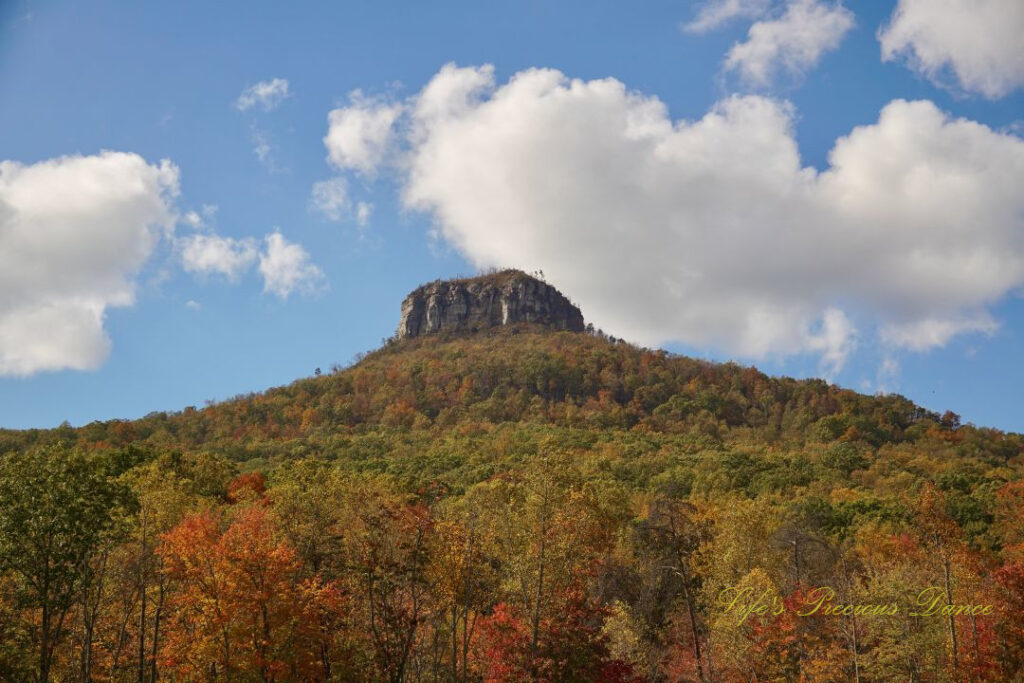 Looking upwards at Pilot Mountain. Passing fluffy clouds overhead and colorful trees down below.