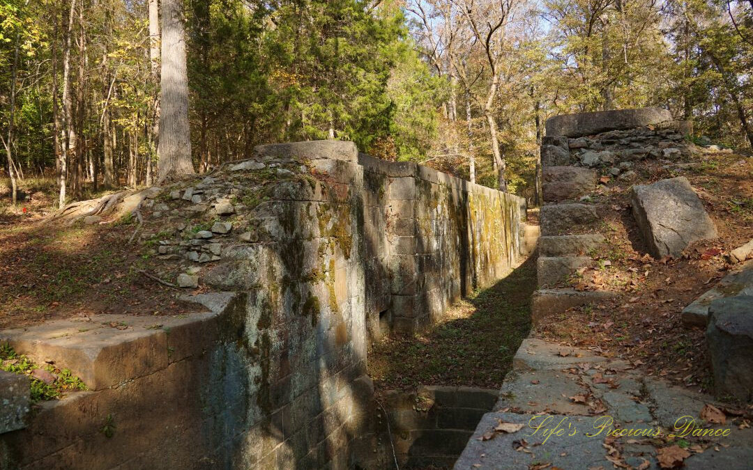 Moss covered stone walls of a canal at Landsford Canal State Park.